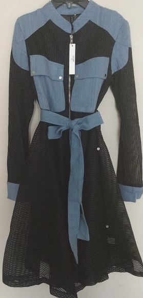 Mesh jean flare dress with belt. - Picture 6 of 8